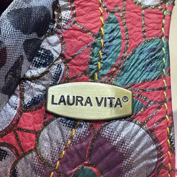 Laura Vita Women’s Red Floral Pattern Leather Open Toe Bow Accent Heels Size 10 - Picture 10 of 11